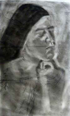 Charcoal drawing over Chine Collé, giving the drawing extra texture.